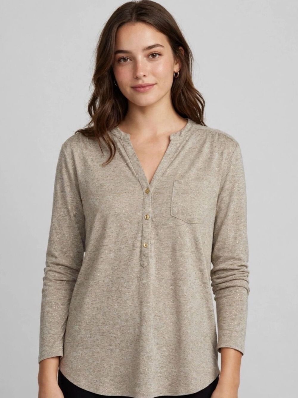 Rafaella Studio Champagne Gold Metallic Knit Henley 3/4 Sleeve Top Size L